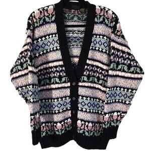 Vintage Liz Claiborne Lizsport Cardigan Women's M Black Pink Pastel Fair Isle